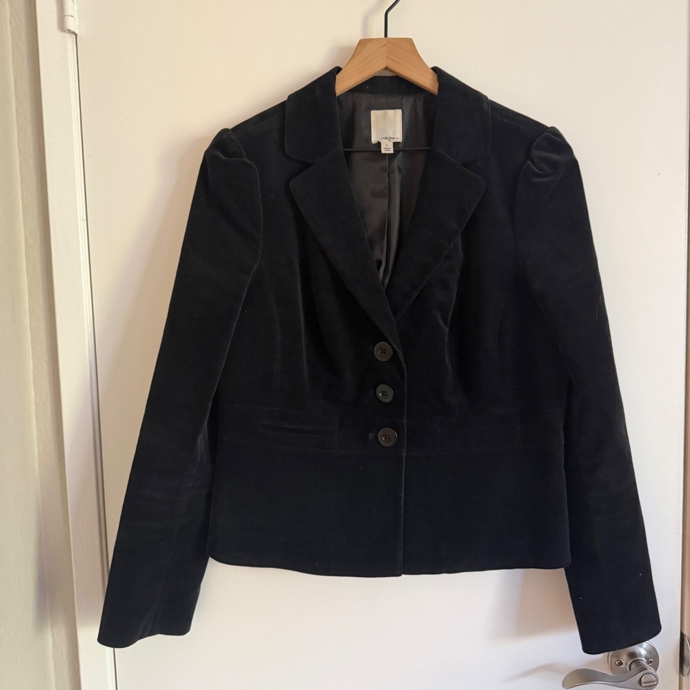 Halogen Black Velvet Blazer Puff Shoulder Dark Academia Goth Glam